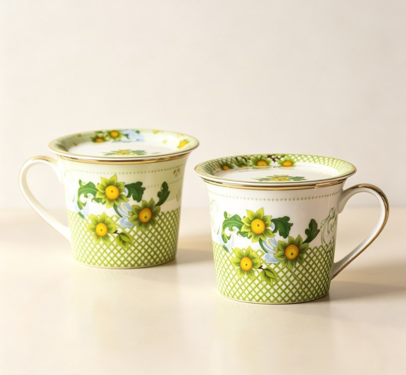 Fruit Floral Ceramic Coffee Mug with Lid - Aesthetic Breakfast Water Tumbler for Office & Home, Cute Couple Tea Cup & Holiday Gift