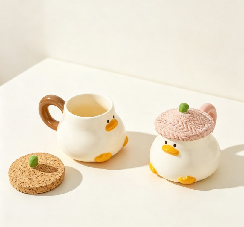 Trendy Cartoon Duck Ceramic Mugs with Lid | Cute Animal Coffee Cups for Office, Home & Daily Use