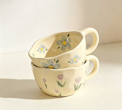 Aesthetic Milky Yellow Tulip Ceramic Mug | Hand-Pinched Irregular Coffee & Oatmeal Cup for Home & Cafe, Cute Gift for Holidays