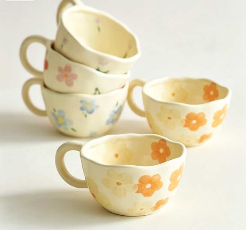 Aesthetic Milky Yellow Tulip Ceramic Mug | Hand-Pinched Irregular Coffee & Oatmeal Cup for Home & Cafe, Cute Gift for Holidays