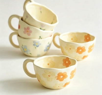 Aesthetic Milky Yellow Tulip Ceramic Mug | Hand-Pinched Irregular Coffee & Oatmeal Cup for Home & Cafe, Cute Gift for Holidays