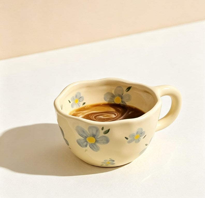 Aesthetic Milky Yellow Tulip Ceramic Mug | Hand-Pinched Irregular Coffee & Oatmeal Cup for Home & Cafe, Cute Gift for Holidays