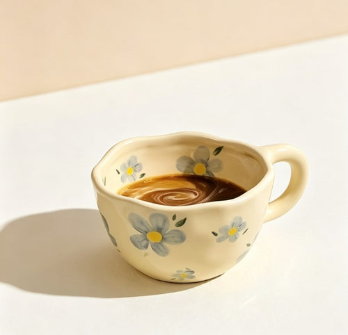 Aesthetic Milky Yellow Tulip Ceramic Mug | Hand-Pinched Irregular Coffee & Oatmeal Cup for Home & Cafe, Cute Gift for Holidays