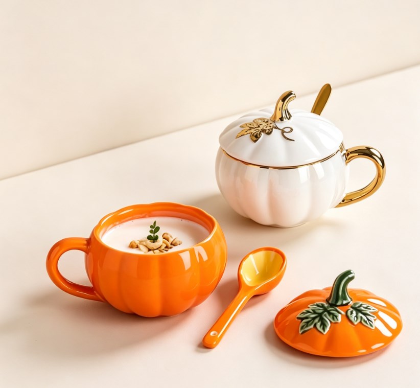 Ceramic Pumpkin Coffee Mug with Lid and Spoon - Cute 3D Autumn Teacup for Fall Decor, Halloween & Thanksgiving Holiday Gifting
