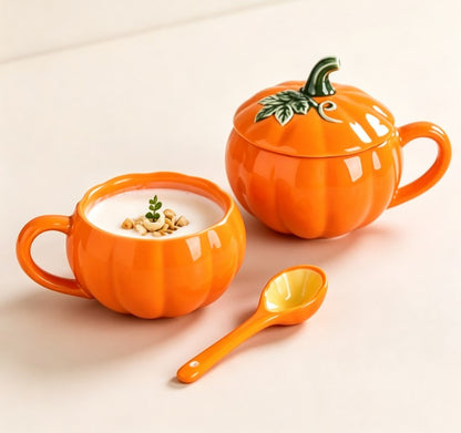 Ceramic Pumpkin Coffee Mug with Lid and Spoon - Cute 3D Autumn Teacup for Fall Decor, Halloween & Thanksgiving Holiday Gifting