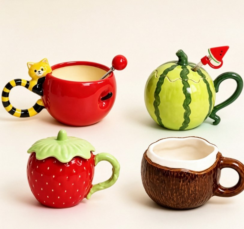 Cute Ceramic Coffee Mug Set with Lid, Straw & Spoon - Aesthetic Fruit & Animal Drinking Cups for Office & Home, Microwave Safe Trendy Gift for Girls