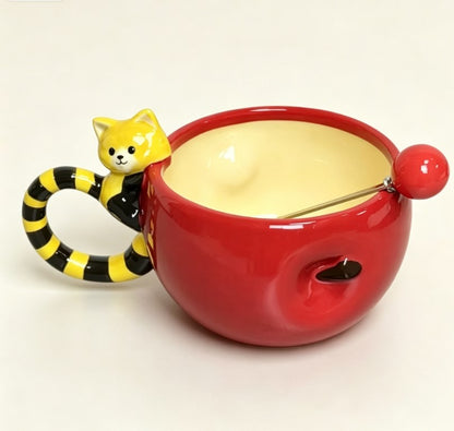 Cute Ceramic Coffee Mug Set with Lid, Straw & Spoon - Aesthetic Fruit & Animal Drinking Cups for Office & Home, Microwave Safe Trendy Gift for Girls