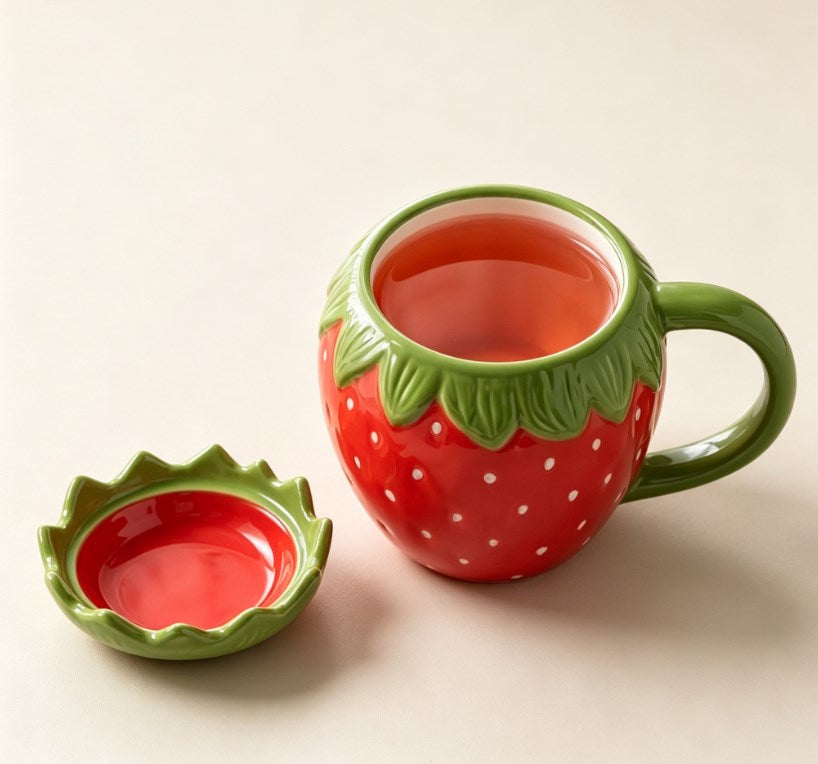 Cute Strawberry Ceramic Coffee Mug with Lid - 3D Fruit-Shaped Drinking Cup for Breakfast, Milk & Tea, Aesthetic Holiday Gift for Women & Girls