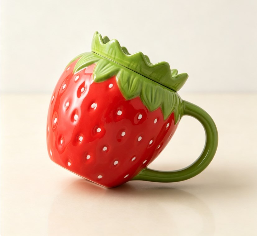Cute Strawberry Ceramic Coffee Mug with Lid - 3D Fruit-Shaped Drinking Cup for Breakfast, Milk & Tea, Aesthetic Holiday Gift for Women & Girls