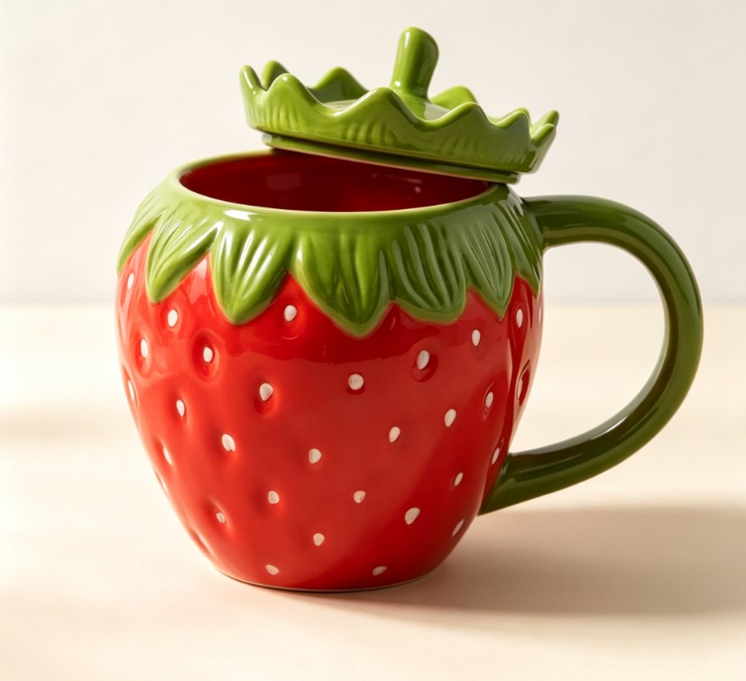 Cute Strawberry Ceramic Coffee Mug with Lid - 3D Fruit-Shaped Drinking Cup for Breakfast, Milk & Tea, Aesthetic Holiday Gift for Women & Girls