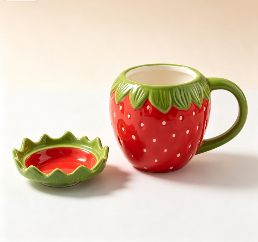 Cute Strawberry Ceramic Coffee Mug with Lid - 3D Fruit-Shaped Drinking Cup for Breakfast, Milk & Tea, Aesthetic Holiday Gift for Women & Girls
