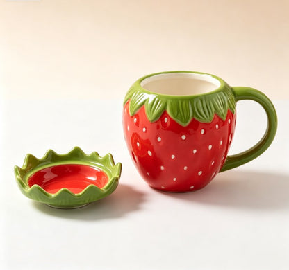 Cute Strawberry Ceramic Coffee Mug with Lid - 3D Fruit-Shaped Drinking Cup for Breakfast, Milk & Tea, Aesthetic Holiday Gift for Women & Girls