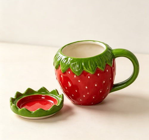 Cute Strawberry Ceramic Coffee Mug with Lid - 3D Fruit-Shaped Drinking Cup for Breakfast, Milk & Tea, Aesthetic Holiday Gift for Women & Girls