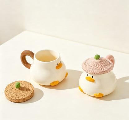 Trendy Cartoon Duck Ceramic Mugs with Lid | Cute Animal Coffee Cups for Office, Home & Daily Use