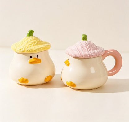 Trendy Cartoon Duck Ceramic Mugs with Lid | Cute Animal Coffee Cups for Office, Home & Daily Use