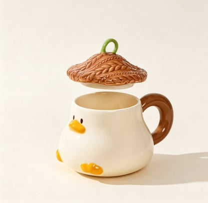 Trendy Cartoon Duck Ceramic Mugs with Lid | Cute Animal Coffee Cups for Office, Home & Daily Use