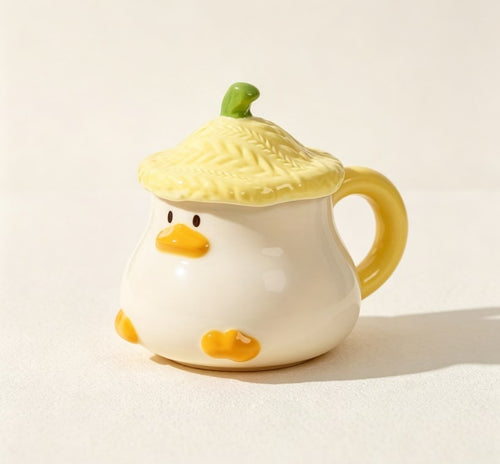 Trendy Cartoon Duck Ceramic Mugs with Lid | Cute Animal Coffee Cups for Office, Home & Daily Use
