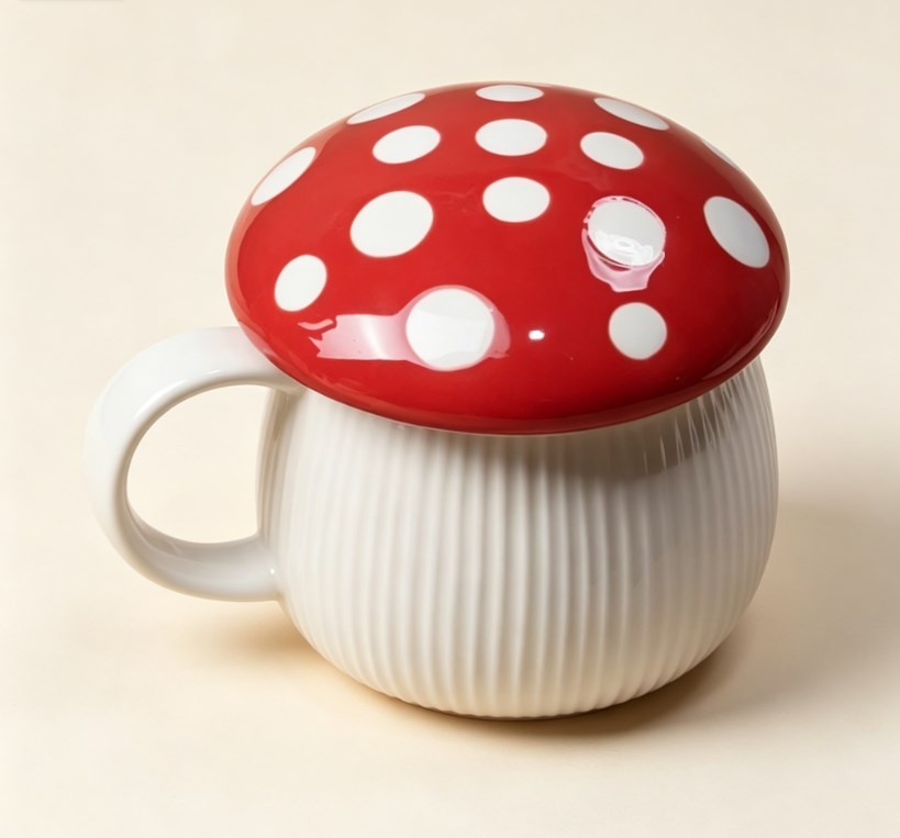Trendy Red Mushroom Ceramic Mugs with Lid | Cute Novelty Coffee & Tea Cups for Home, Kitchen & Daily Use